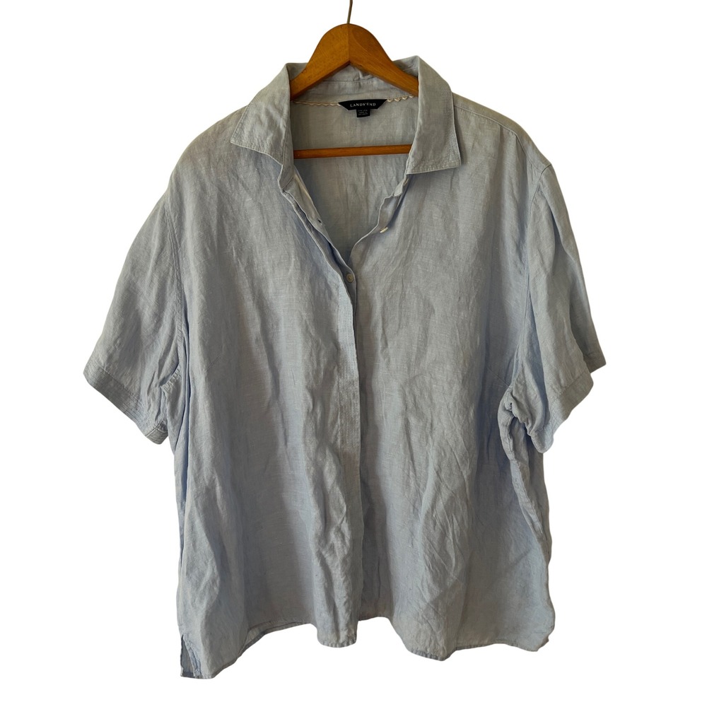 Lands End Womens 3X 24W-26W Light Blue‎ Linen Short Sleeve Button Down Shirt